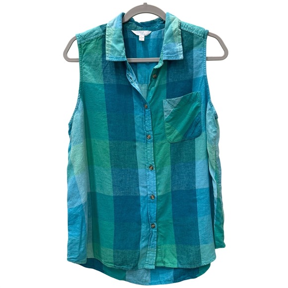 Time and Tru Tops - Womens Blue Green Plaid Linen Blend Sleeveless Button Down Shirt Large